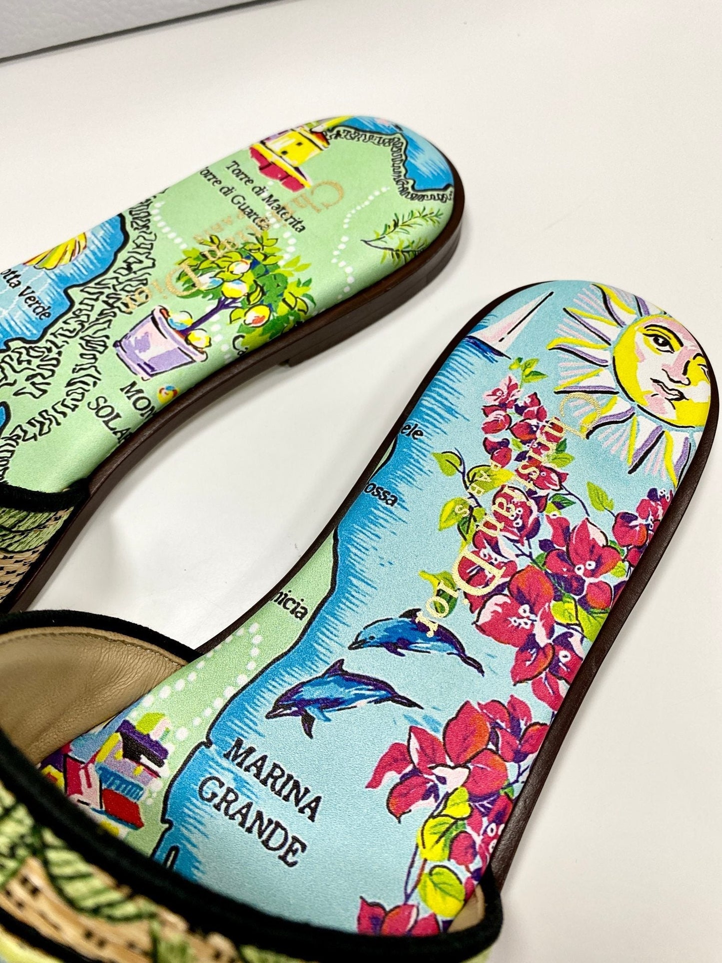 CD 26s Embroidered Sandals Blue Green Multicolor Canvas Leather 683008