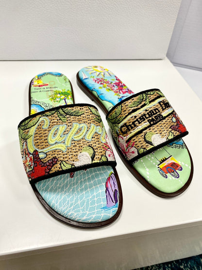 CD 26s Embroidered Sandals Blue Green Multicolor Canvas Leather 683008
