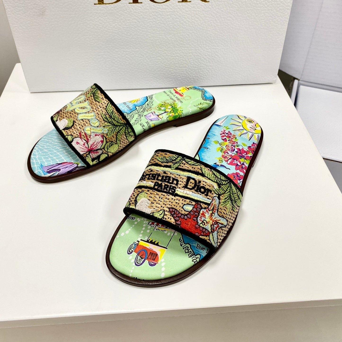 CD 26s Embroidered Sandals Blue Green Multicolor Canvas Leather 683008