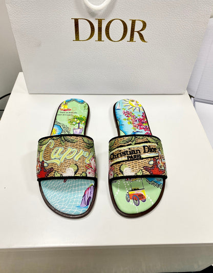 CD 26s Embroidered Sandals Blue Green Multicolor Canvas Leather 683008