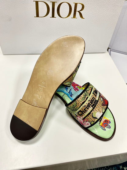 CD 26s Embroidered Sandals Blue Green Multicolor Canvas Leather 683008
