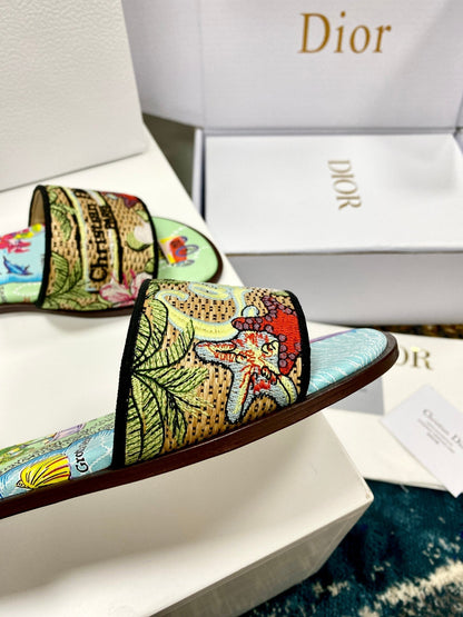 CD 26s Embroidered Sandals Blue Green Multicolor Canvas Leather 683008