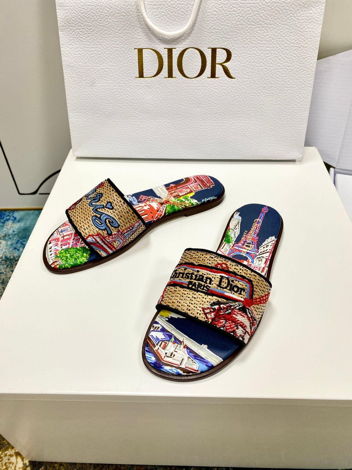 CD 26s Embroidered Sandals Beige Multicolor Canvas Leather 683009