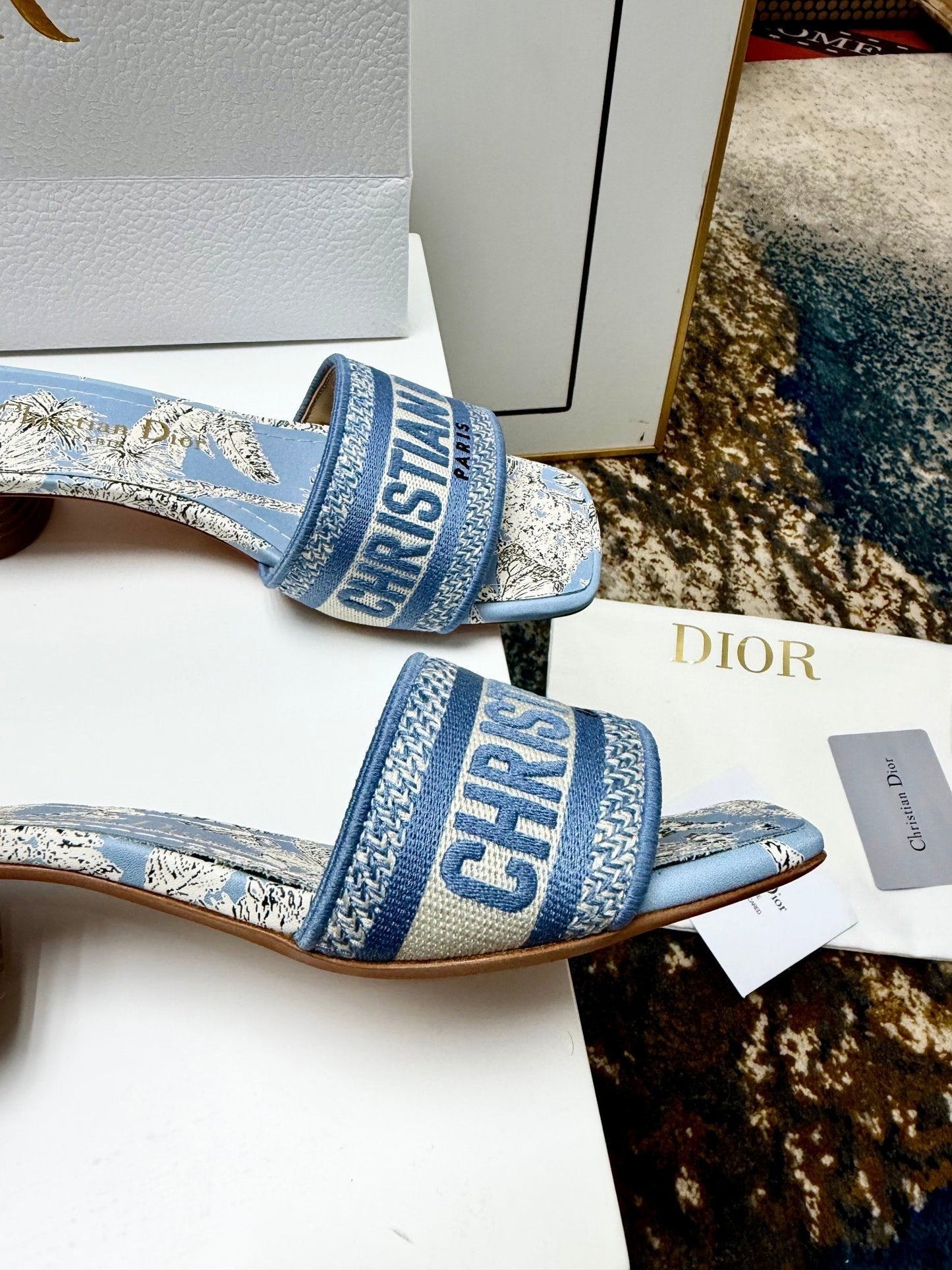 CD 26s Embroidered Sandals Blue Beige Canvas Leather 683014