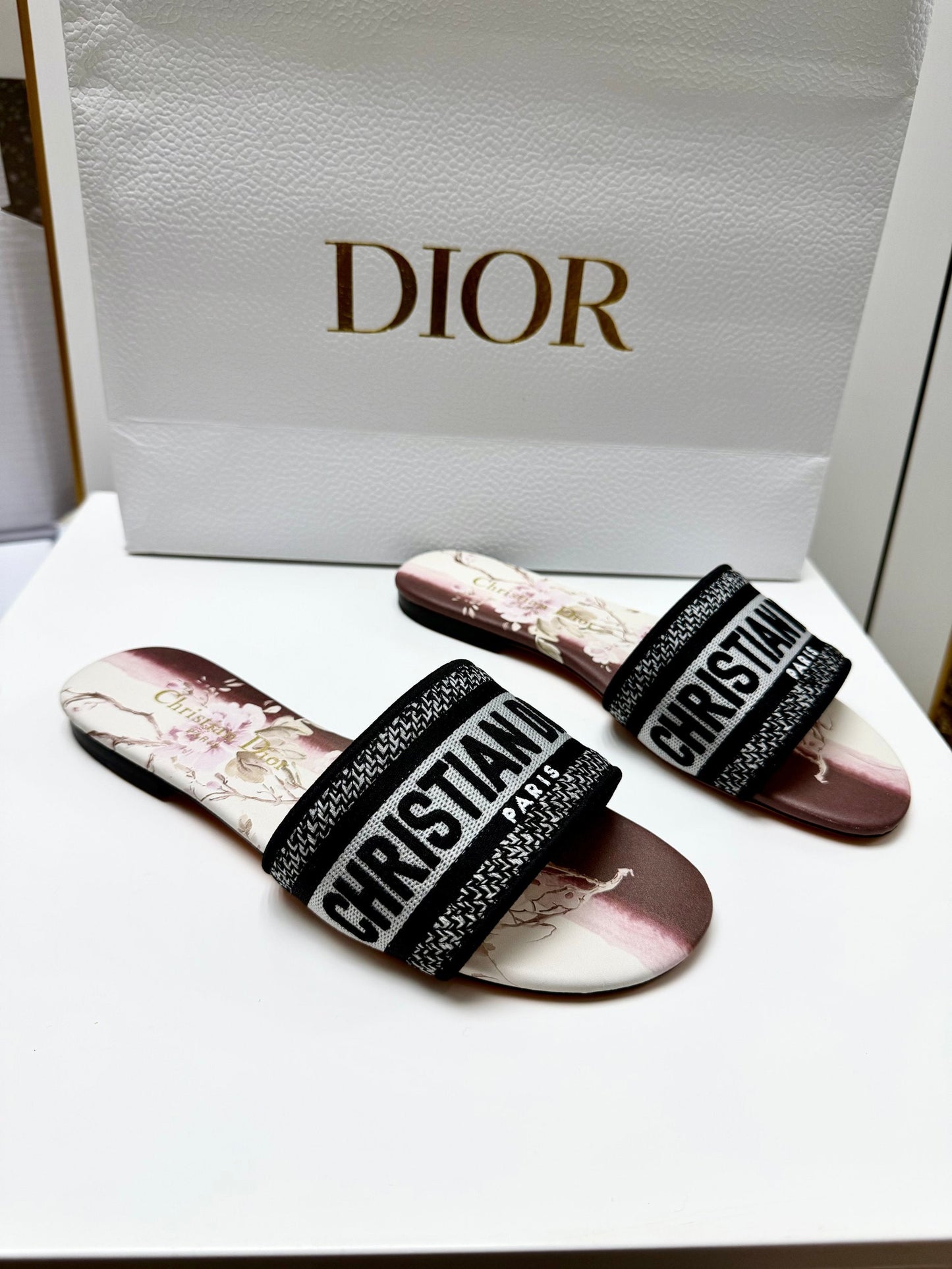 CD 26s Embroidered Sandals Black White Burgundy Canvas Leather 683021