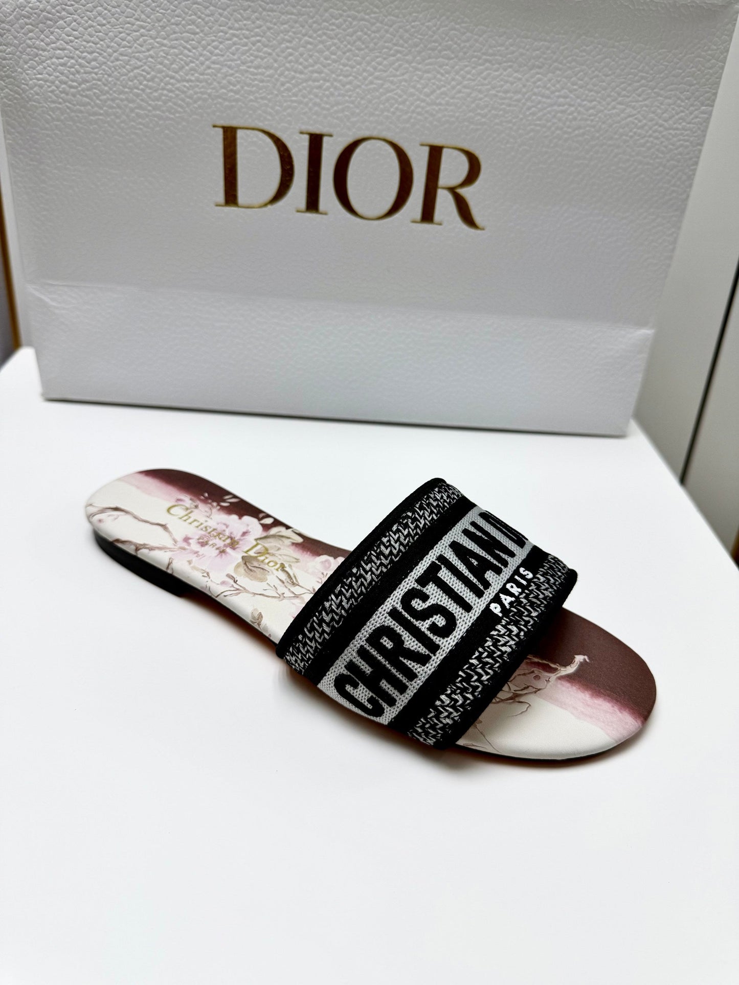 CD 26s Embroidered Sandals Black White Burgundy Canvas Leather 683021