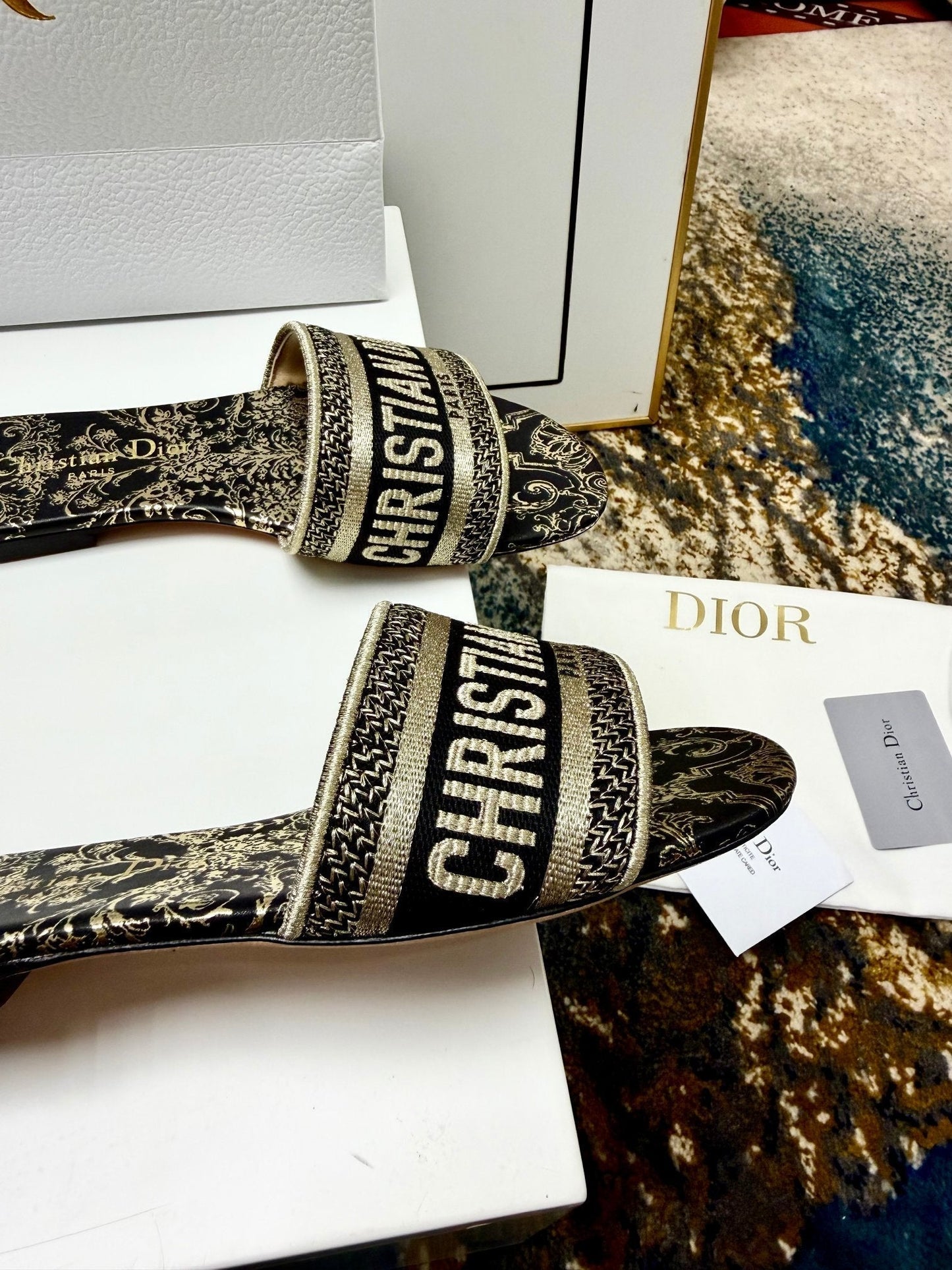 CD 26s Embroidered Sandals Black Gold Genuine Leather 683025