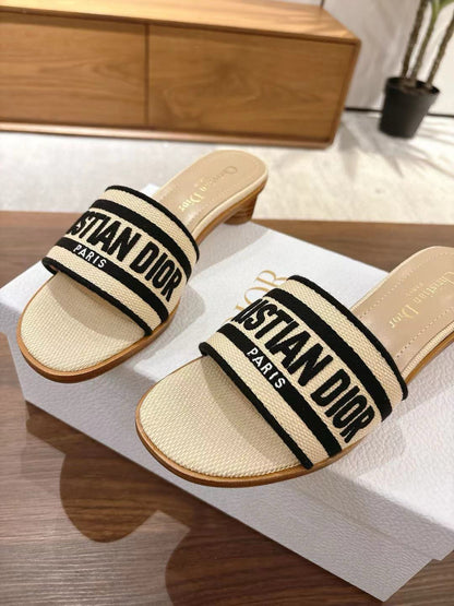 CD 26s Embroidered Sandals Beige Black Canvas Sheepskin 664322