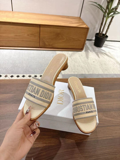 CD 26s Embroidered Sandals Beige Gray Canvas Sheepskin 664324