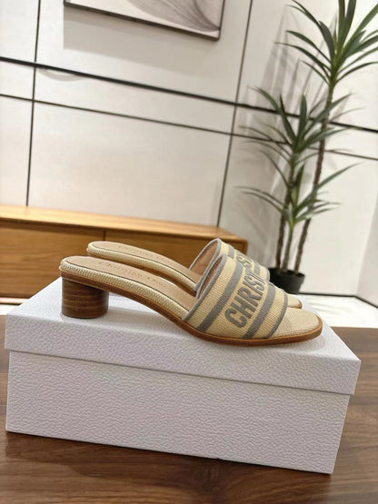 CD 26s Embroidered Sandals Beige Gray Canvas Sheepskin 664324