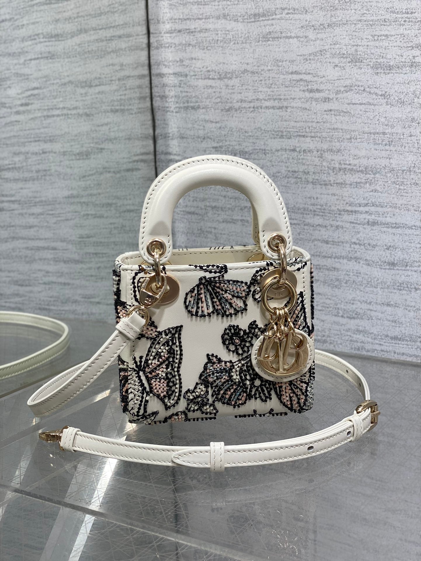 Dior 2026 Butterfly Embroidery Bag 12cm White Mix Color Leather 352067
