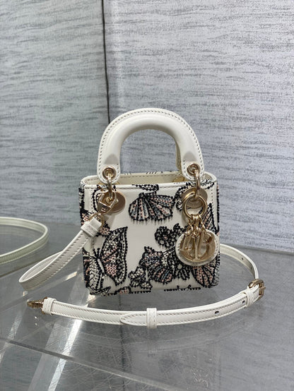 Dior 2026 Butterfly Embroidery Bag 12cm White Mix Color Leather 352067