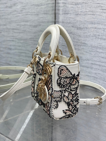 Dior 2026 Butterfly Embroidery Bag 12cm White Mix Color Leather 352067