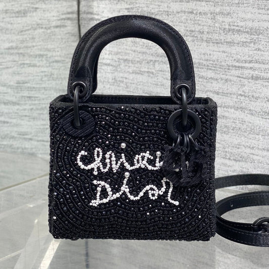 Dior 2026 Lady Art Mini Bag 12cm Black Cotton Leather 352144