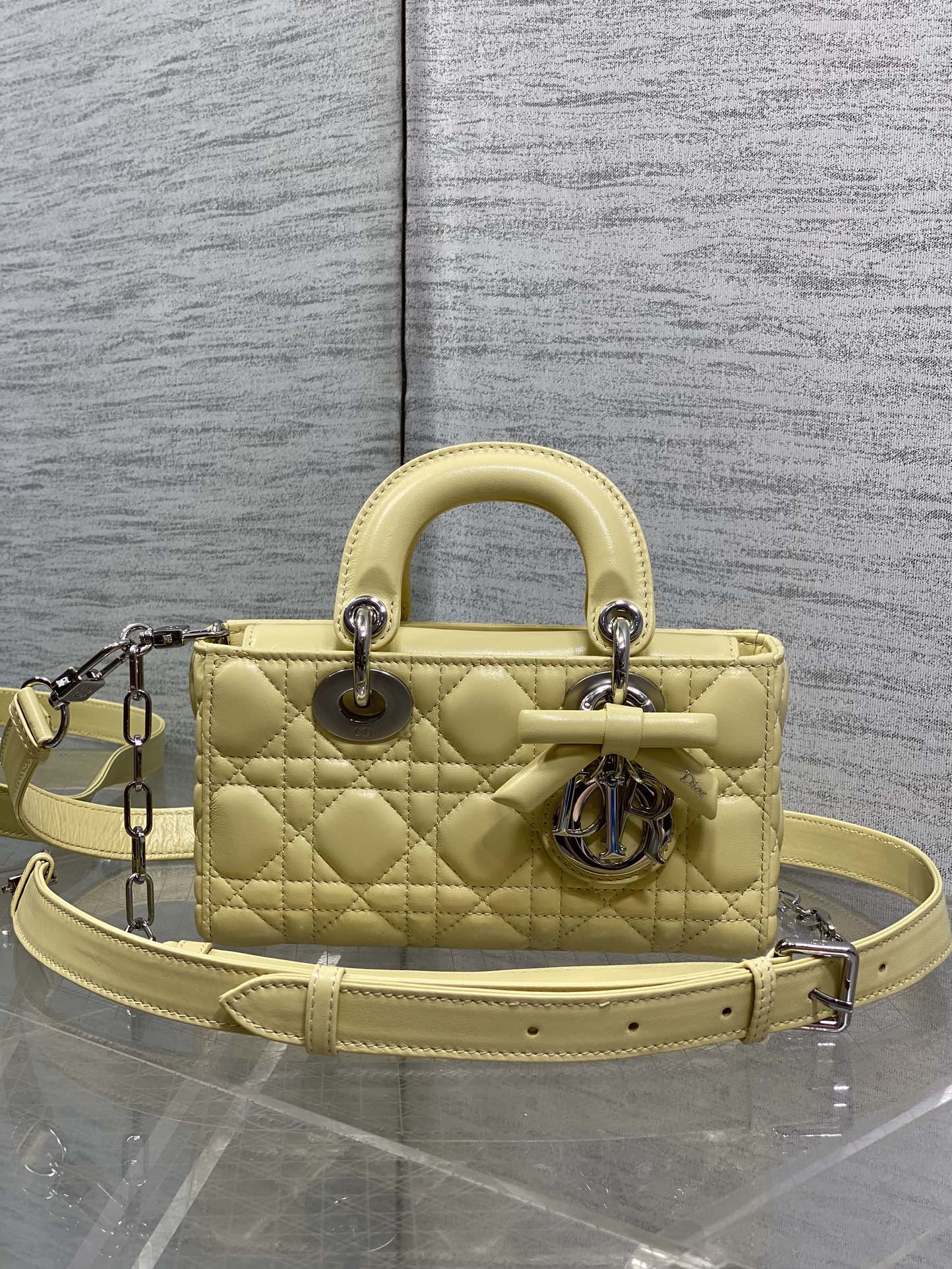 Dior 2026 Bow Lady D-Joy 19cm Yellow Cannage Lambskin With Silver Charm 286561