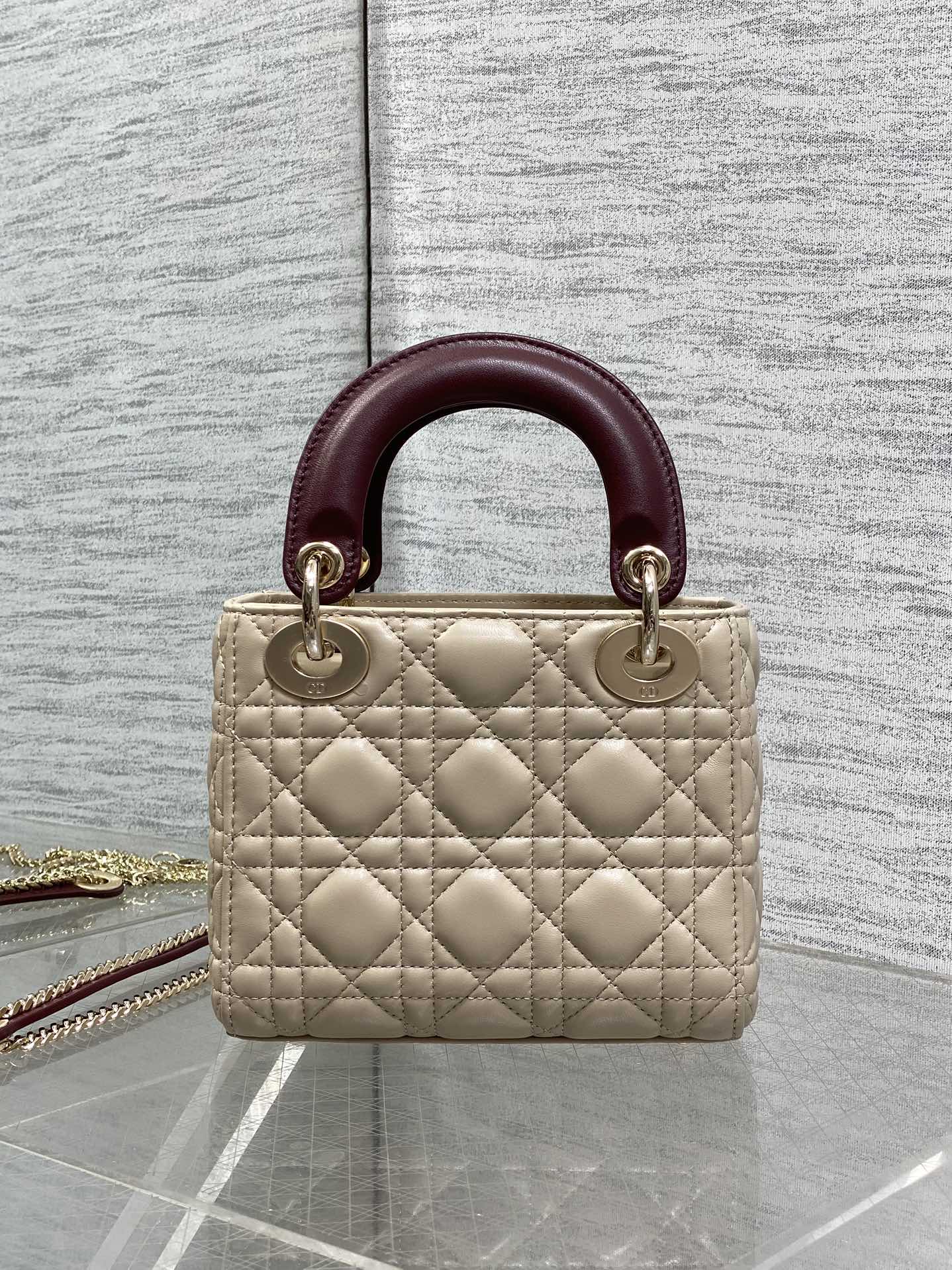 Dior 2026 Bow Lady Dior 17cm Beige Burgundy Lambskin 286583