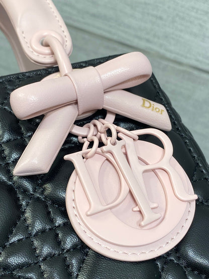 Dior 2026 Bow Lady Dior 20cm Black Pink Cannage Lambskin 289164