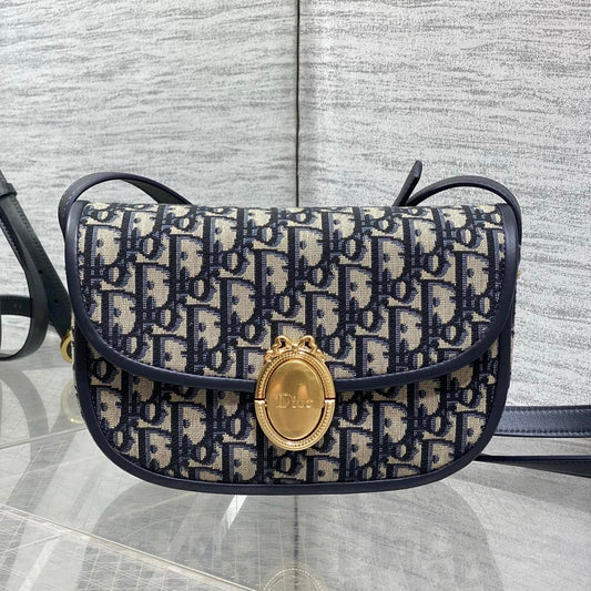 Dior 2026 Medaillon Oblique Jacquard Flap Bag 23cm Blue Beige Fabric 355386