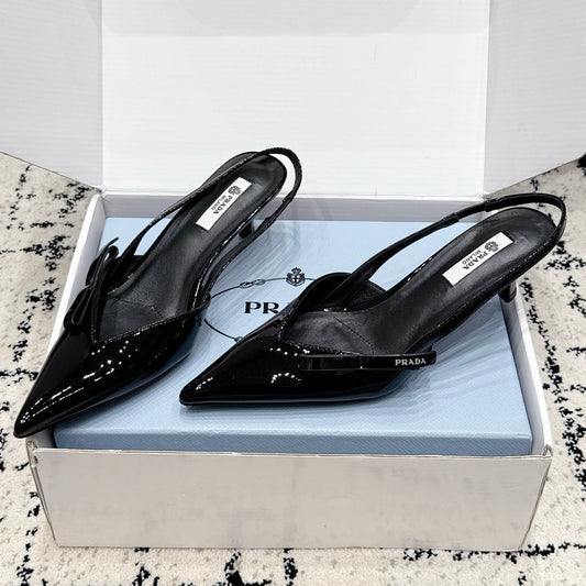 Prada 2026 Pointed Toe Bow SlingBacks 60mm Patent Leather 769838