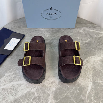 Prada 2026 Fussbett Flatform Slide Sandal Dark Brown Black Suede Leather 707697