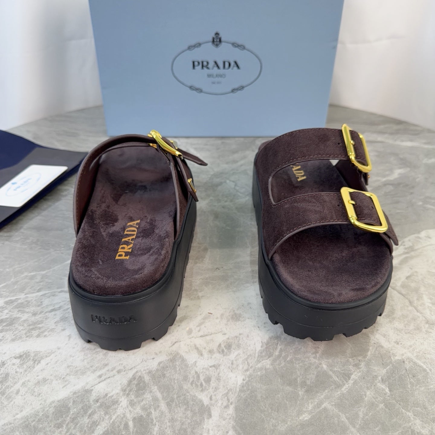 Prada 2026 Fussbett Flatform Slide Sandal Dark Brown Black Suede Leather 707697