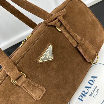 Prada 2026 Hobo Bowling Shoulder Bag 27cm Brown Suede Calfskin