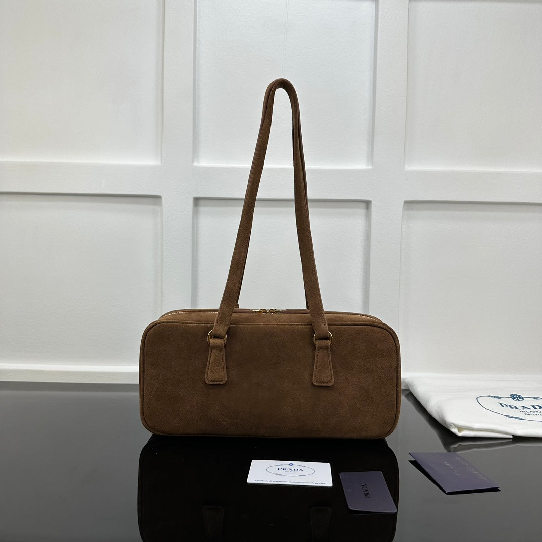 Prada 2026 Hobo Bowling Shoulder Bag 27cm Brown Suede Calfskin