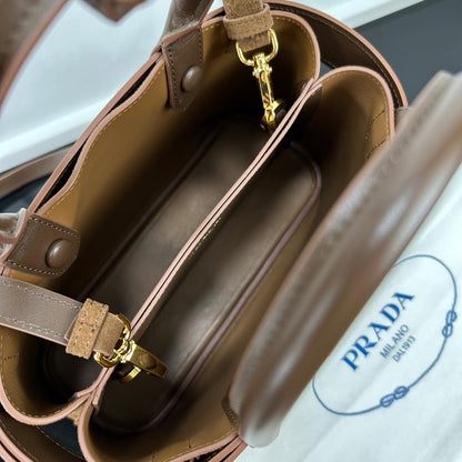 Prada 2026 Buckle Handbag 28cm Brown Suede Leather