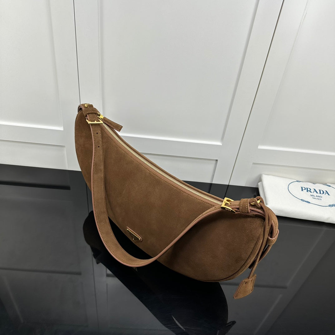 Prada 2026 Large Demi-Lune Shoulder Bag 42cm Brown Suede