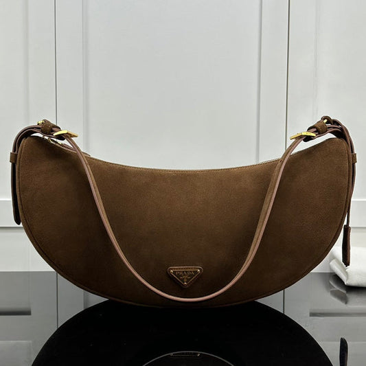 Prada 2026 Large Demi-Lune Shoulder Bag 42cm Brown Suede