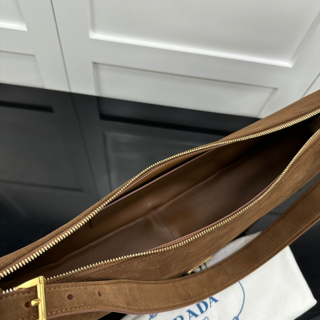 Prada 2026 Large Demi-Lune Shoulder Bag 42cm Brown Suede