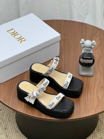 Dior 2026 Wedge Sandals 75mm with Straps Cotton Raffia 846580