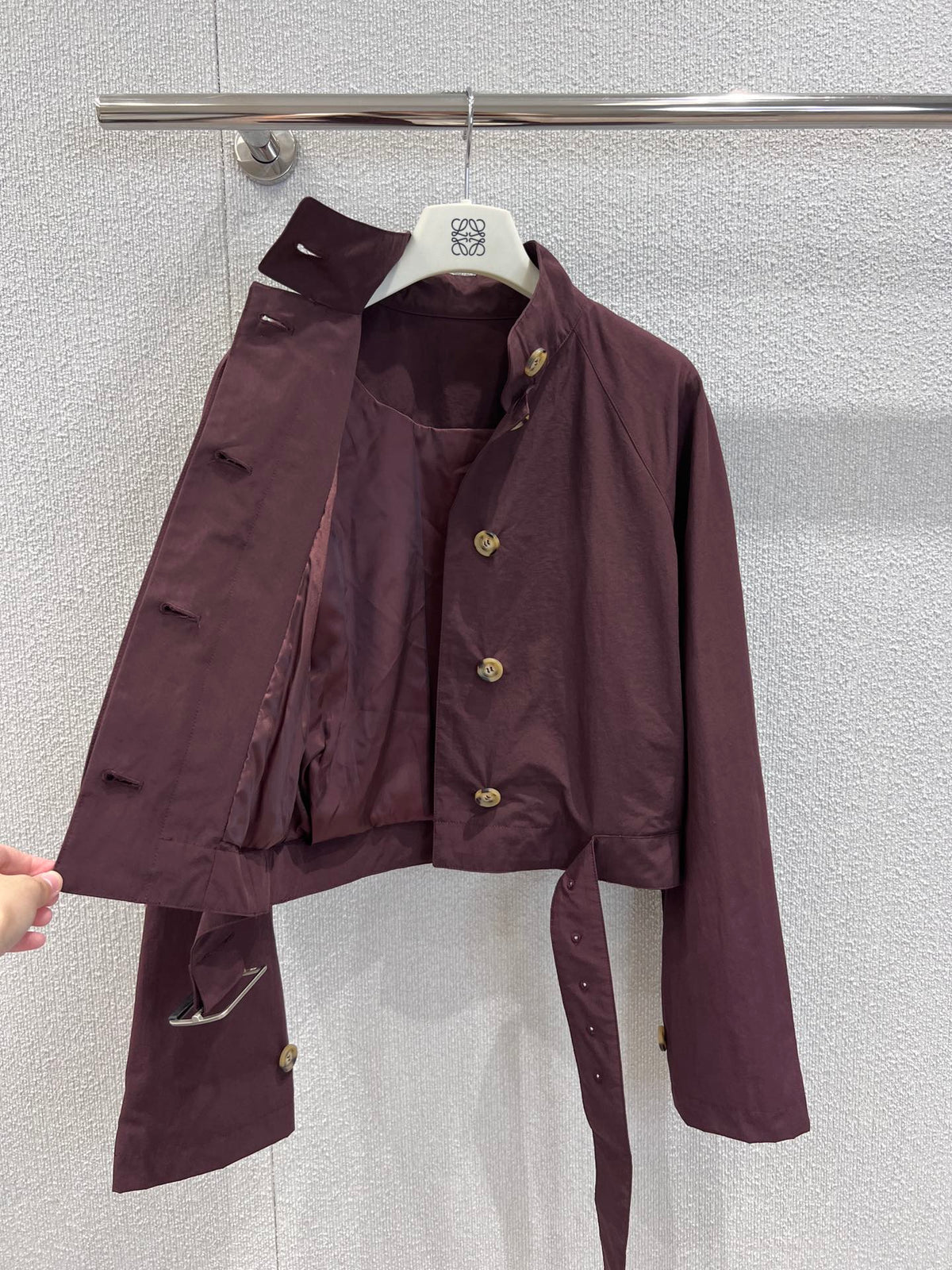 Loewe 25 Stand Collar Short Trench Coat Burgundy Red Cotton Nylon 224272