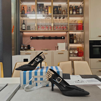 PRA 26S High Heel Pump 70 Black Canvas Rhinestones 630568