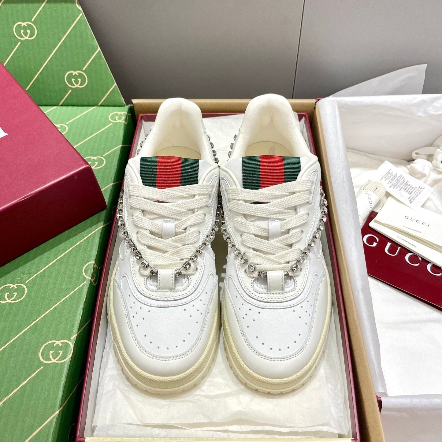 GG 26 Sneaker White Cowhide Chain With Rhinestones 632873