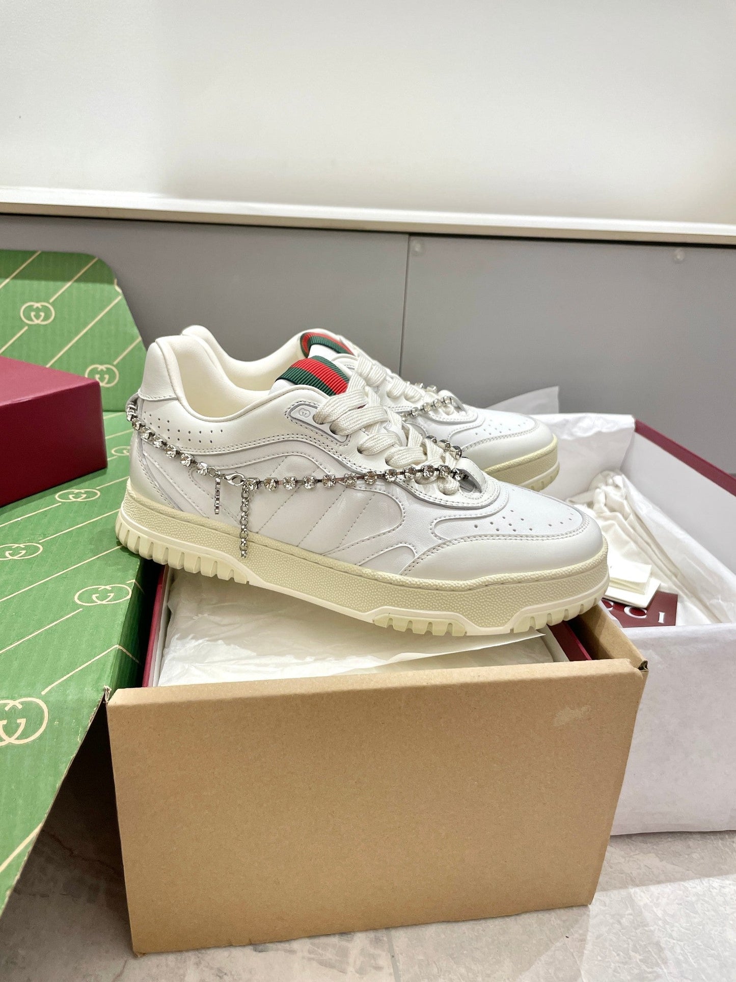 GG 26 Sneaker White Cowhide Chain With Rhinestones 632873