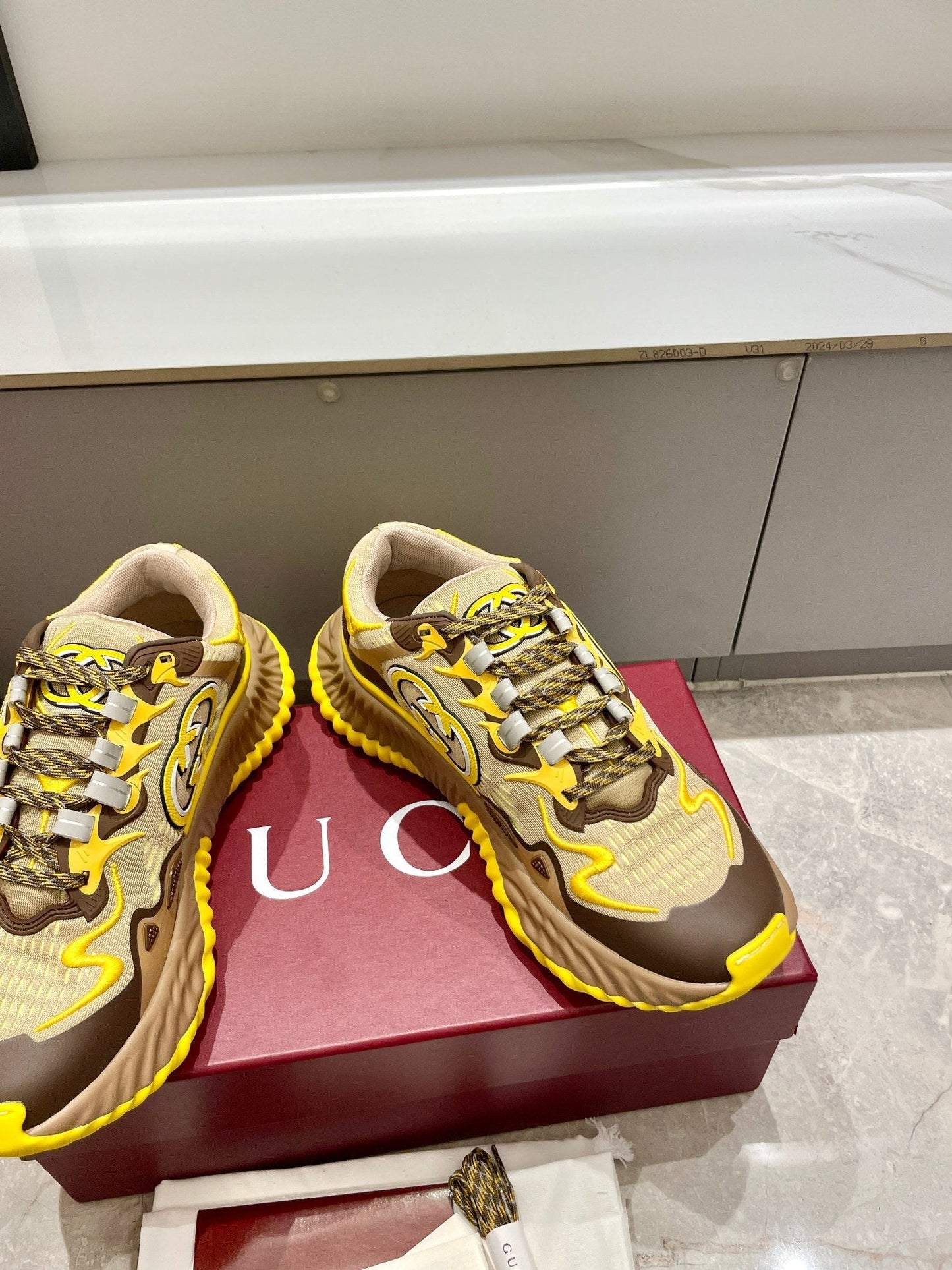 GG 26 Casual Sneakers Yellow Brown Mesh Cowhide 632859