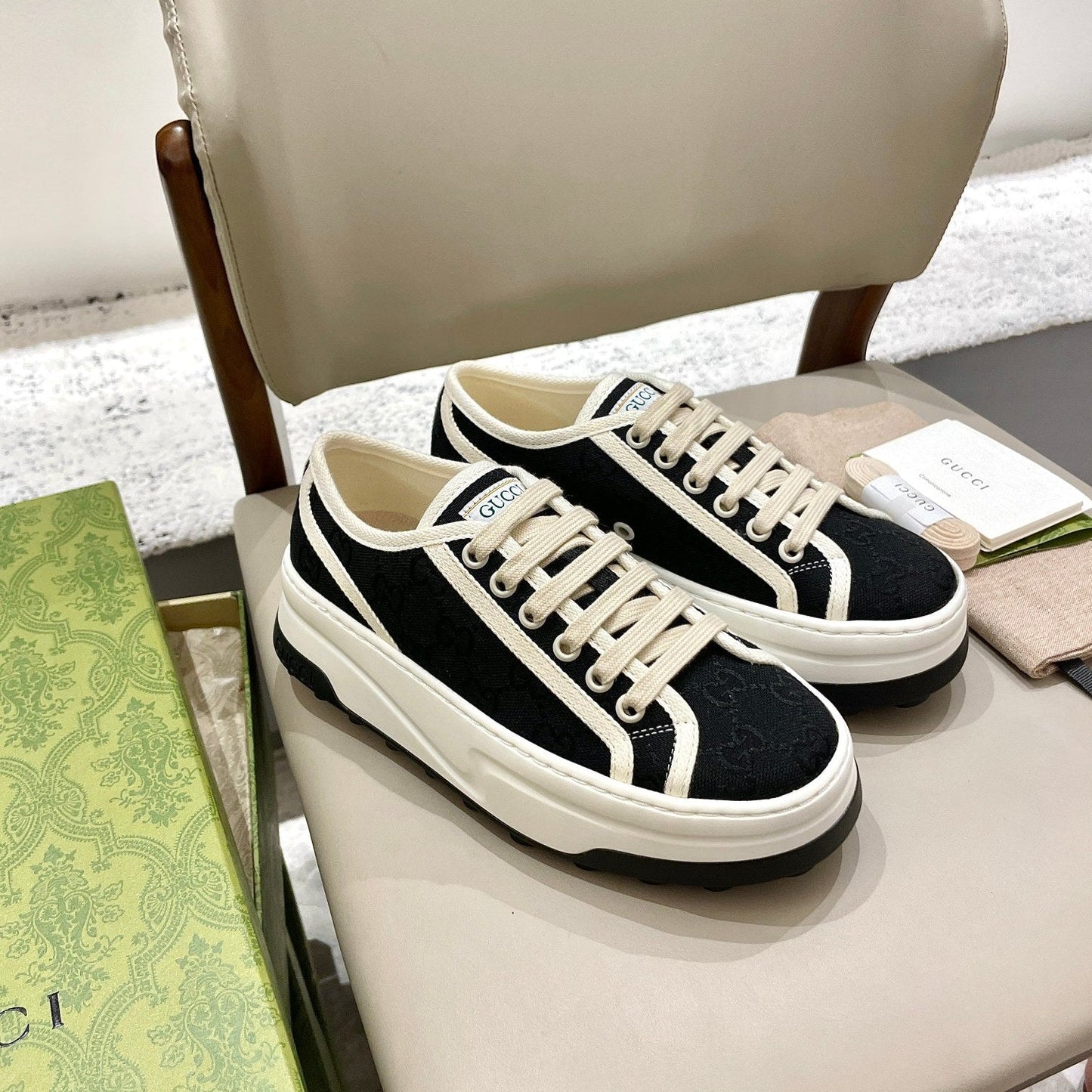 GG 26 Platform Sneaker Black White Monogram Suede 632835