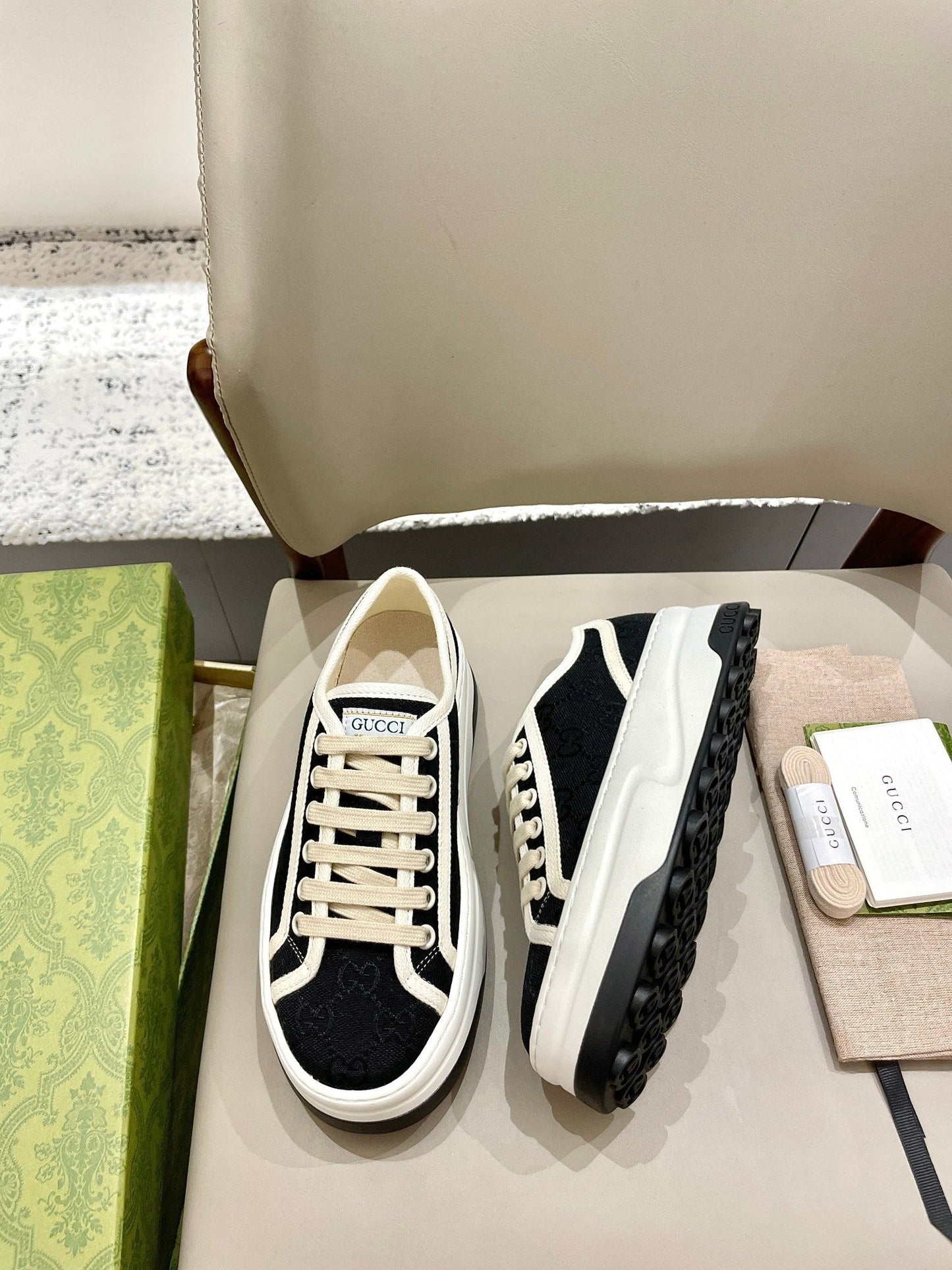 GG 26 Platform Sneaker Black White Monogram Suede 632835