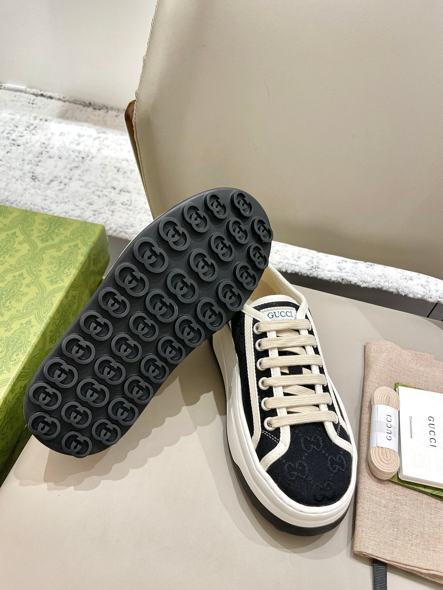 GG 26 Platform Sneaker Black White Monogram Suede 632835