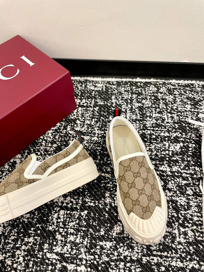 GG 26 Platform Loafers Beige White Monogram Denim 632826