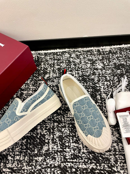 GG 26 Platform Loafers Light Blue White Monogram Denim 632827