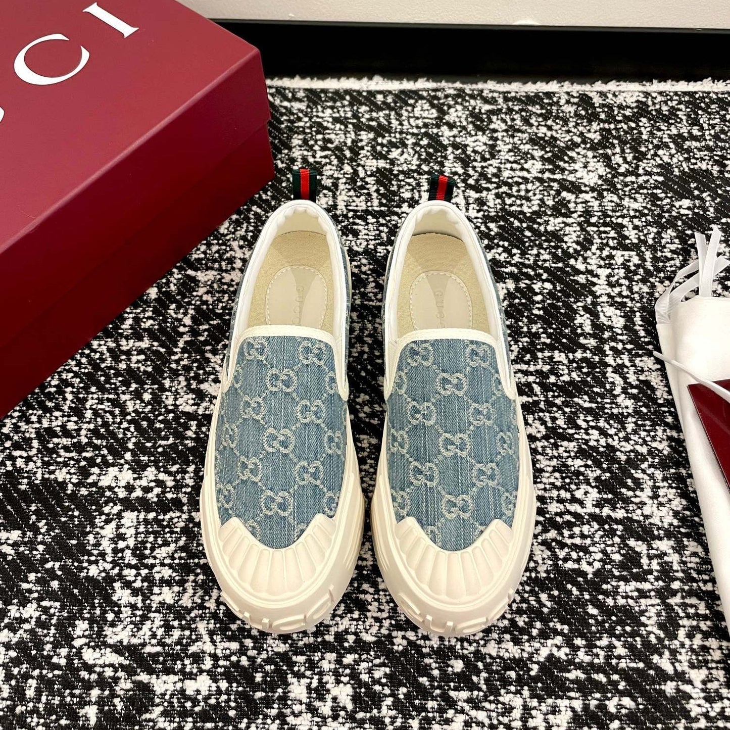 GG 26 Platform Loafers Light Blue White Monogram Denim 632827