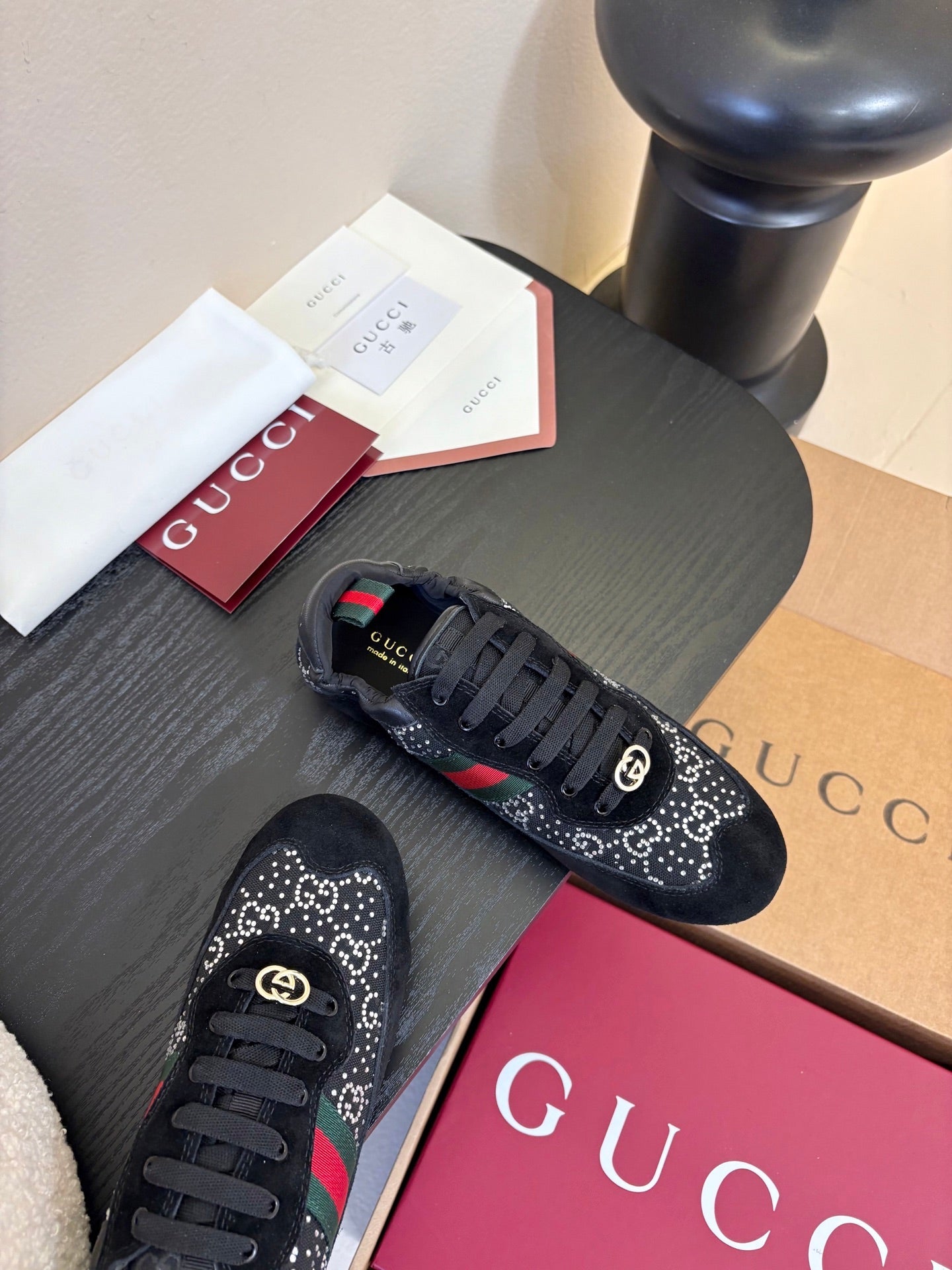 GG 26 Casual Sneakers Black Cowhide Suede Rhinestones 627229
