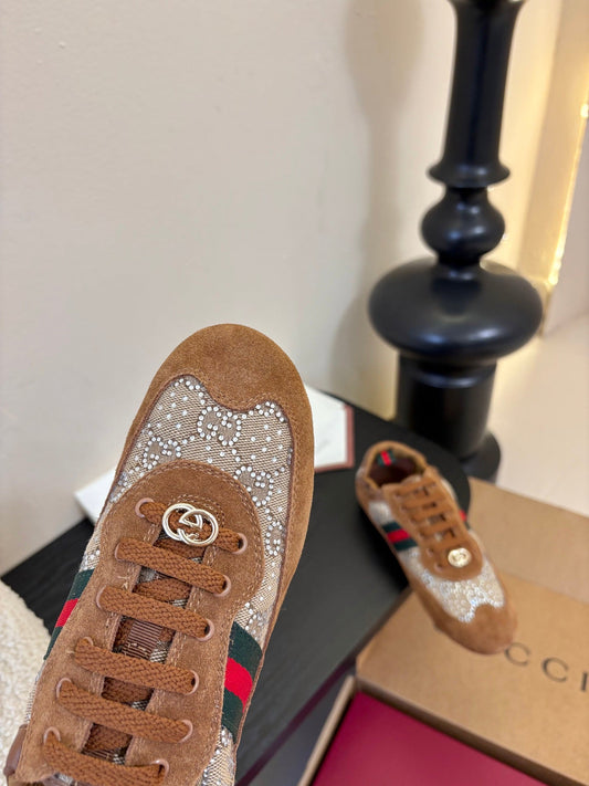 GG 26 Casual Sneakers Brown Cowhide Suede Rhinestones 627230