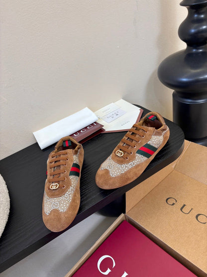 GG 26 Casual Sneakers Brown Cowhide Suede Rhinestones 627230