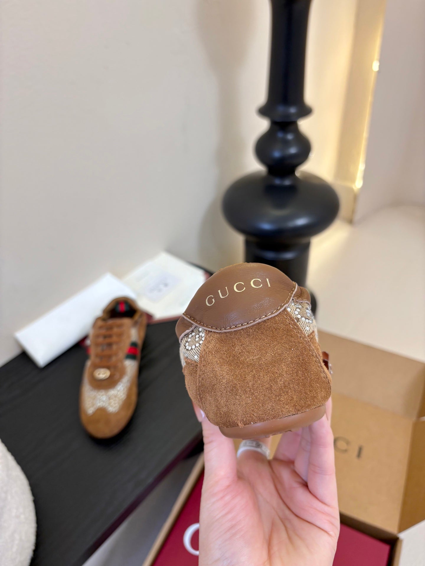 GG 26 Casual Sneakers Brown Cowhide Suede Rhinestones 627230