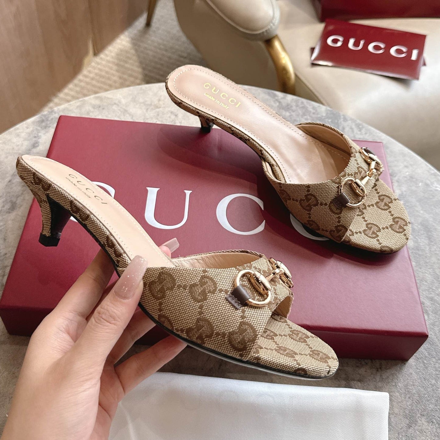 Gucci 2026 Horsebit High-Heeled Sandals Beige Canvas Leather