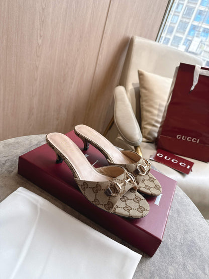 Gucci 2026 Horsebit High-Heeled Sandals Beige Canvas Leather
