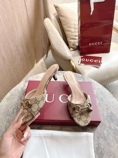 Gucci 2026 Horsebit High-Heeled Sandals Beige Canvas Leather